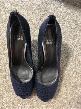 Stuart Weitzman Navy Textured Peep-Toe Pumps